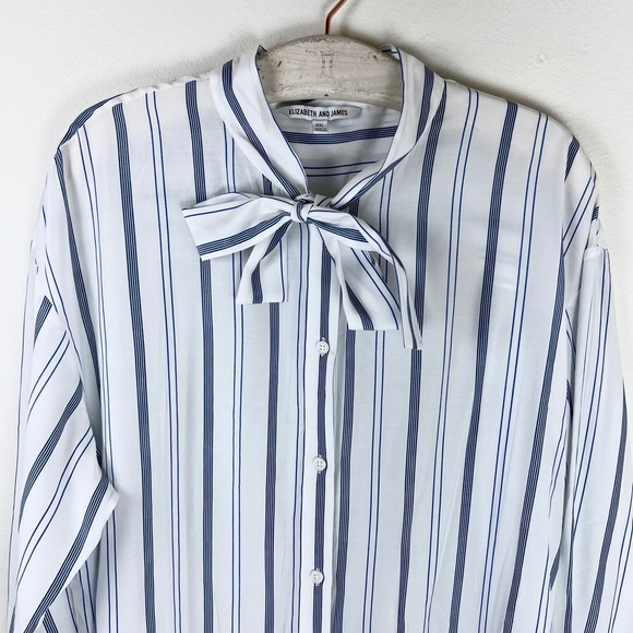 Elizabeth and James Tie Neck Button Down Shirt Blue White Striped Long Sleeve - Picture 3 of 7